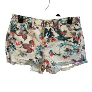 Free People‎ Floral Print Denim Shorts Distressed Hem Casual Cute Size 27